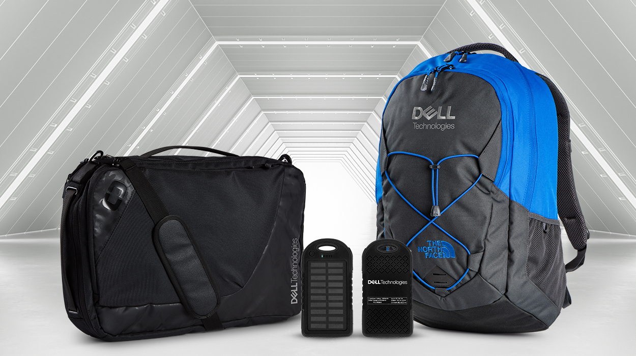 A backpack and courier bag and a phone charger with dell logos