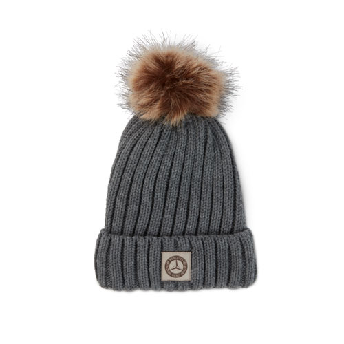Cable Knit Beanie with Removable Faux Fur Pom - Leather Crest